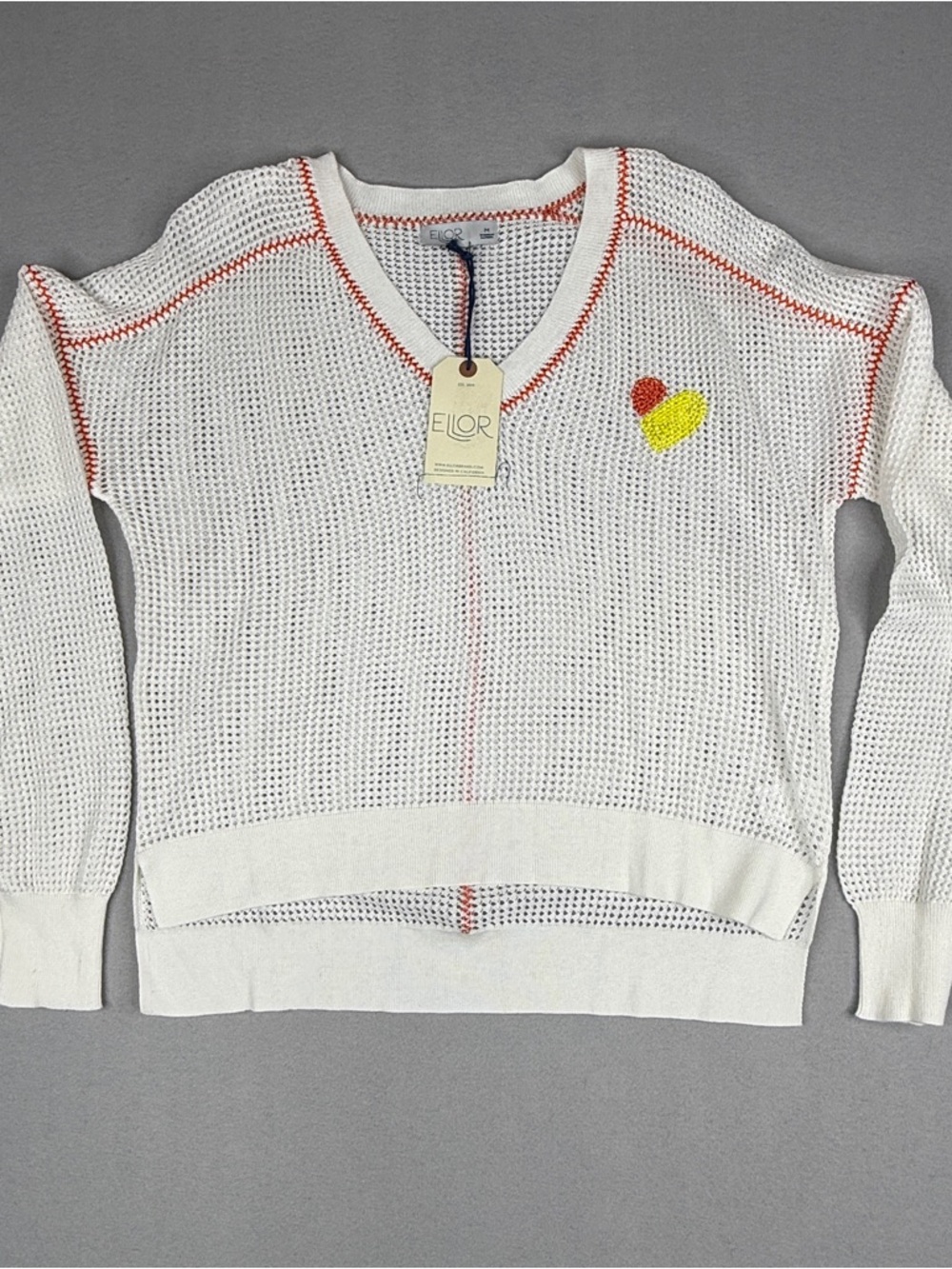 NWT ELLOR Open Knit Sweater Women M White Crochet Heart V Neck Coastal Boho